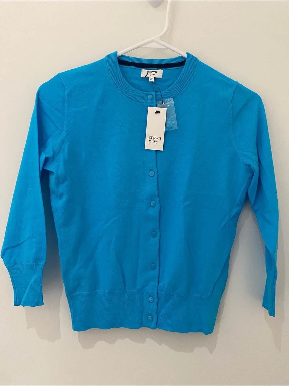 NWT Crown & Ivy Women’s Crewneck Button Down Cardigan Sweater Turquoise Blue XS